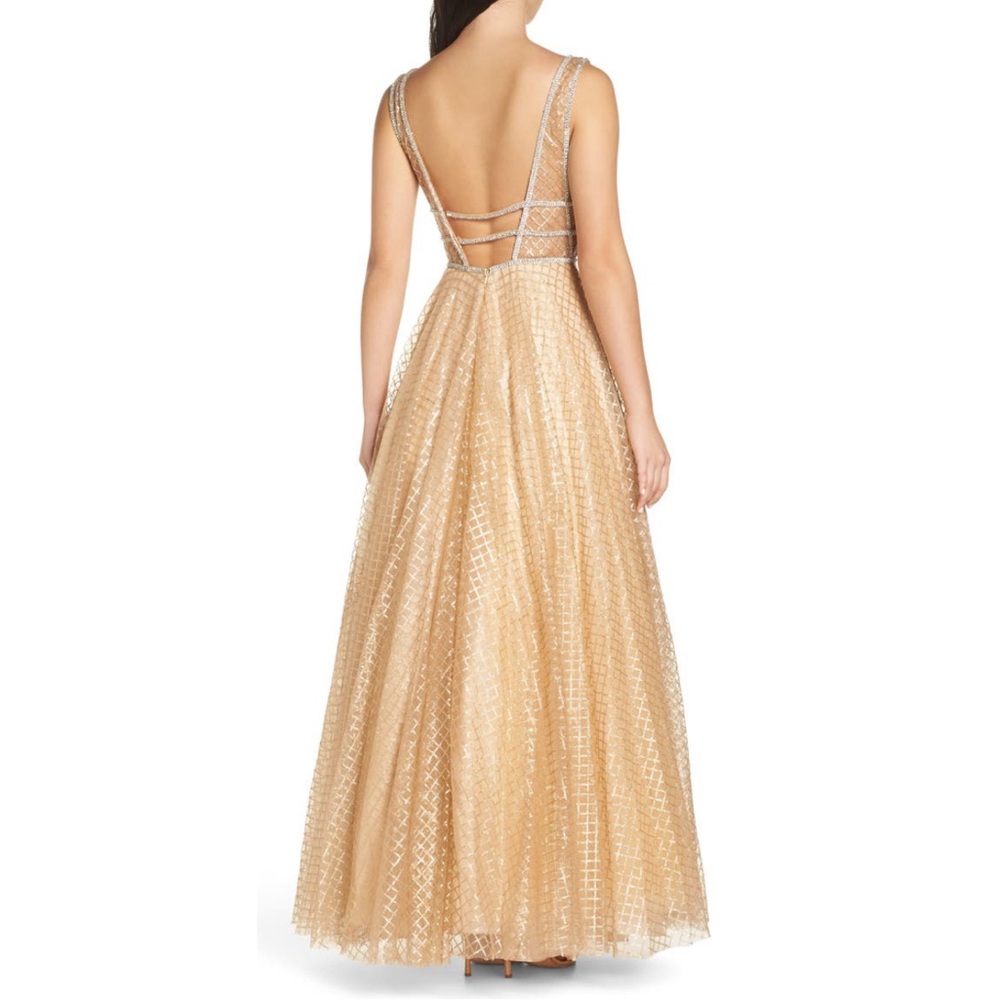 # Mac Duggal Gold Sequin Illusion Neck A Line Gown - Picture 15 of 17